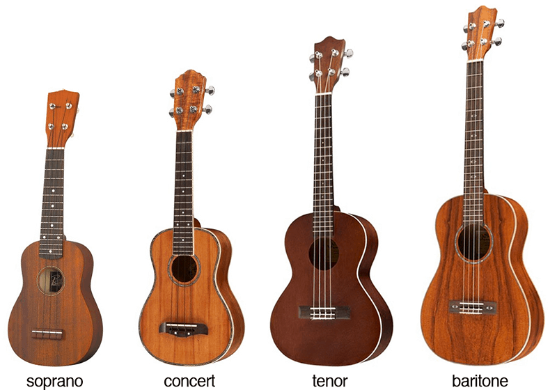 Diferentes tipos y tipos de ukeleles.