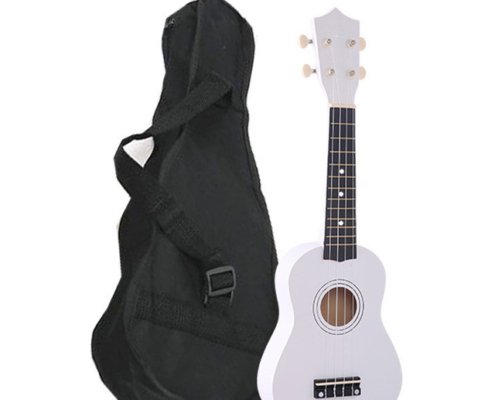 white ukulele with case