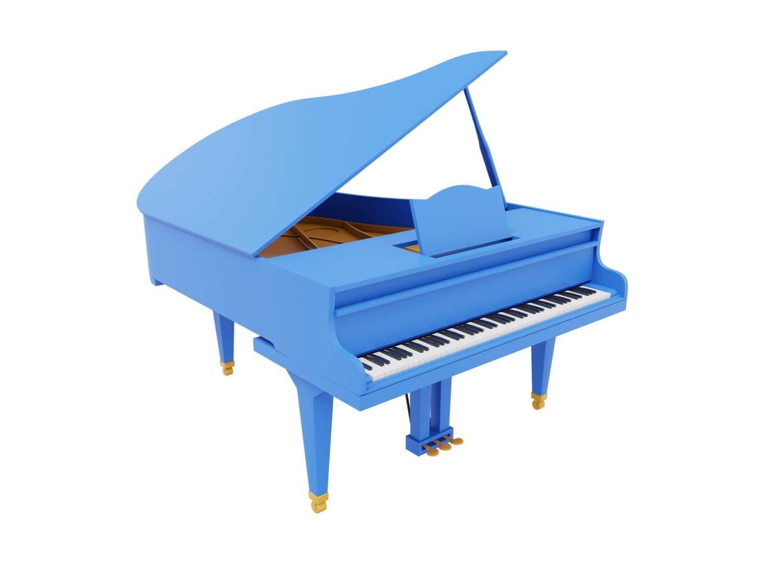 piano de cola azul, instrumento musical, representación 3D, icono sobre blanco