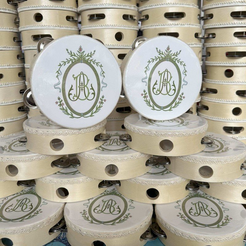 Custom 6 inch tambourines with printed names and natural wood frame