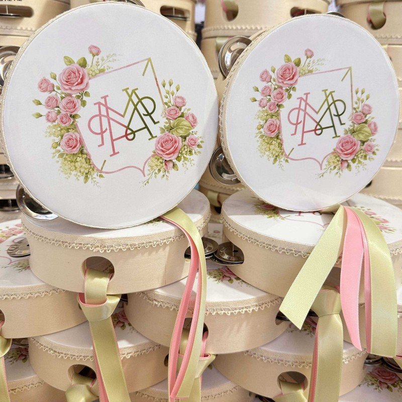 Mini wedding tambourines with soft ribbons attached for wedding gifts