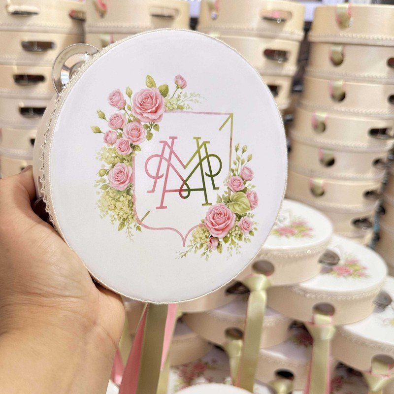 Mini wedding tambourines with custom names and ribbons as wedding gifts