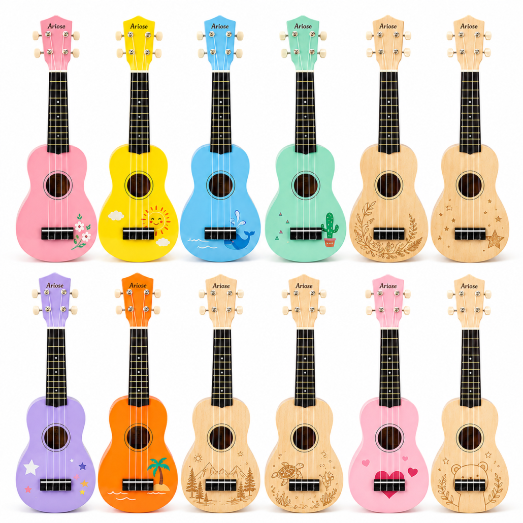 Bunte Kinder-Ukulelen mit individuellen Designs für Schulen und als Geschenk