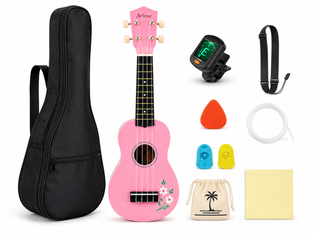 Ukulelen-Starterset für Kinder mit Tasche, Stimmgerät, Gurt, Plektren und Saiten