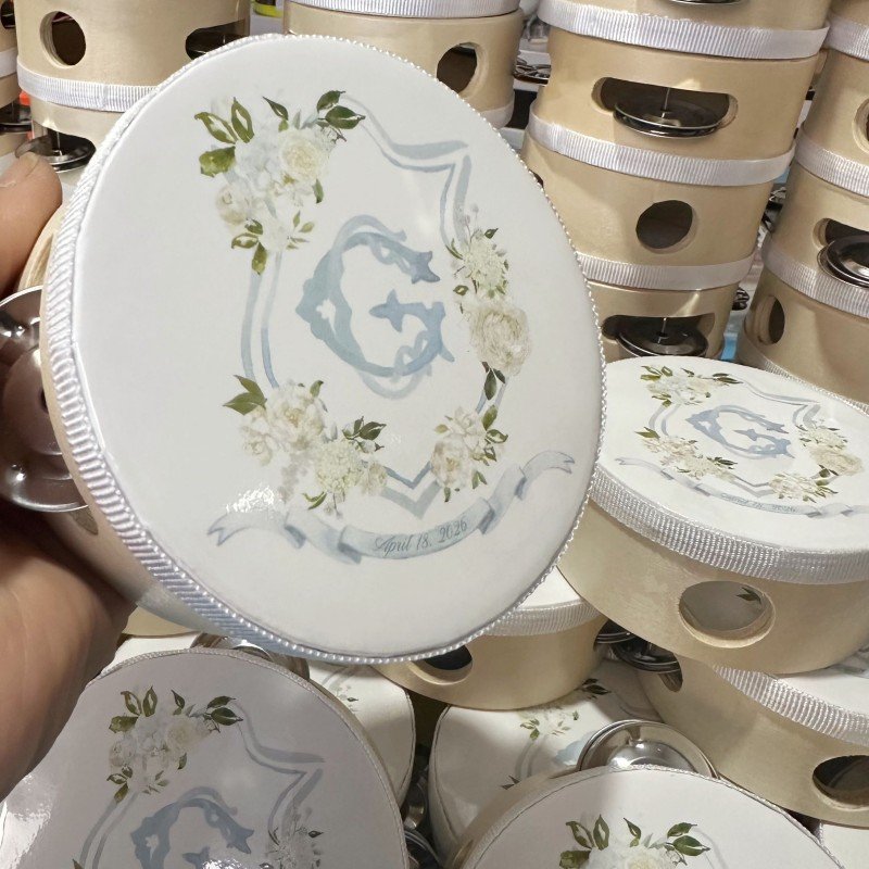 wedding tambourines with custom names and decorative ribbons
